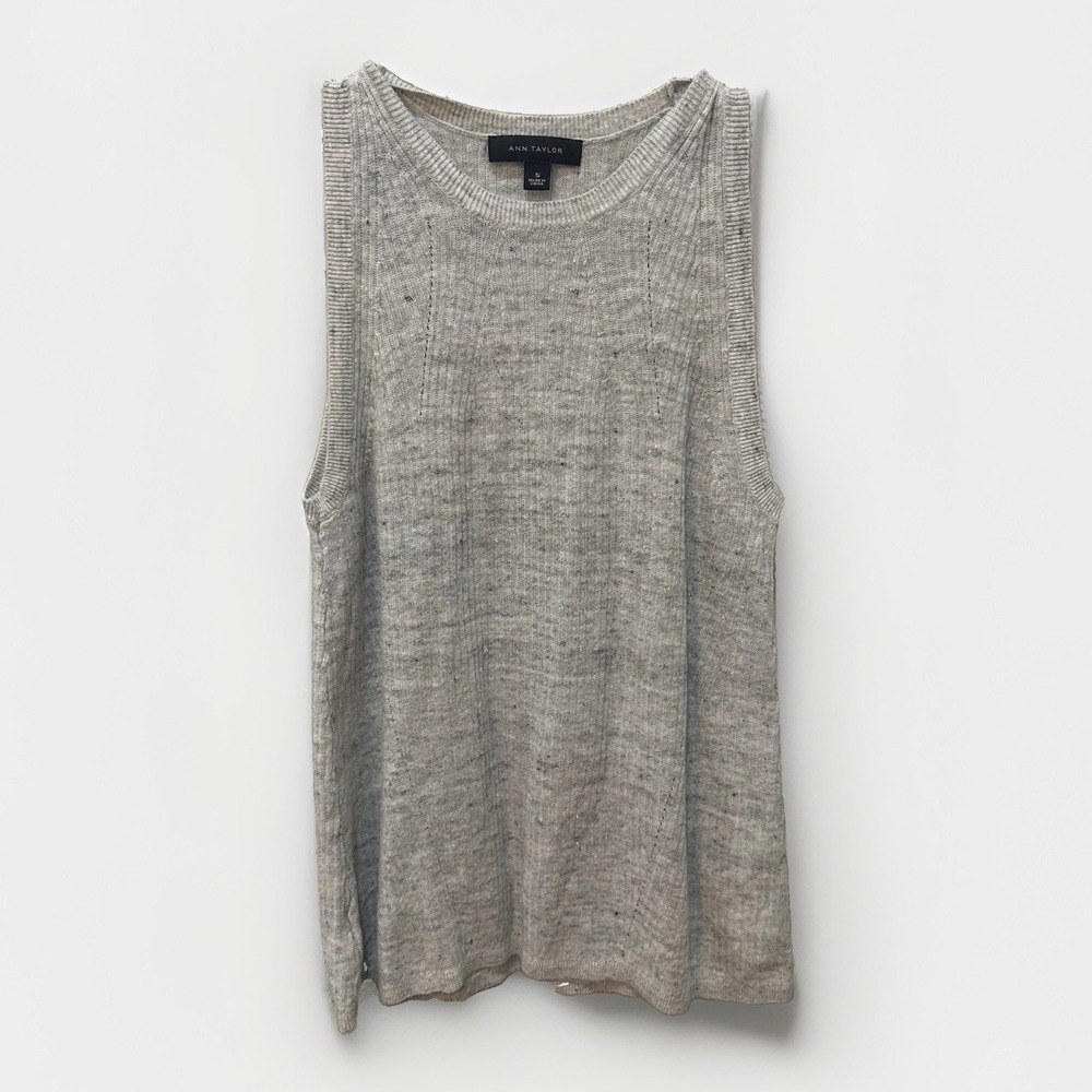 Ann Taylor Gray Ribbed Linen Knit Sleeveless Tank Sweater Shell S Office Preppy